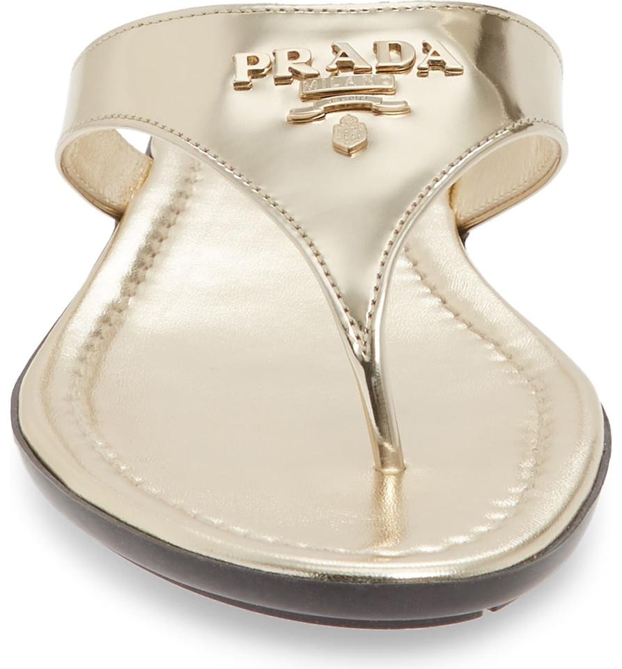 Prada Gold Logo Flip Flop Metallic Sandals 38.5