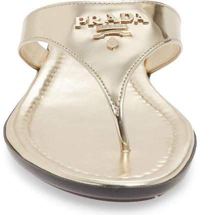 Prada Gold Logo Flip Flop Metallic Sandals 38.5