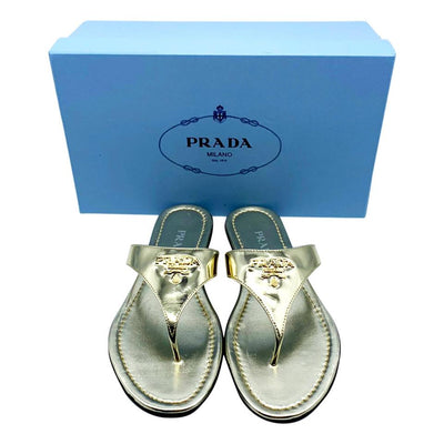 Prada Gold Logo Flip Flop Metallic Sandals 38.5