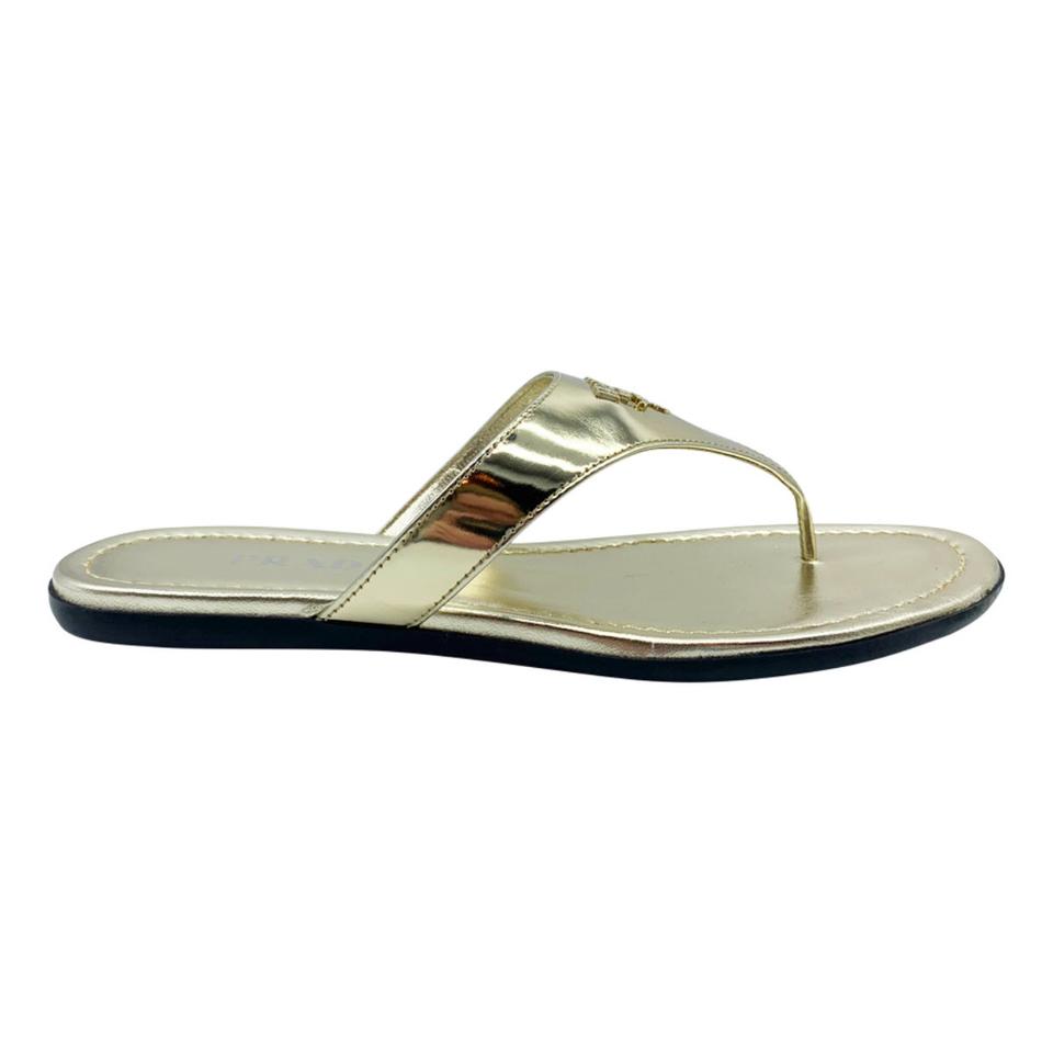 Prada Gold Logo Flip Flop Metallic Sandals 38.5
