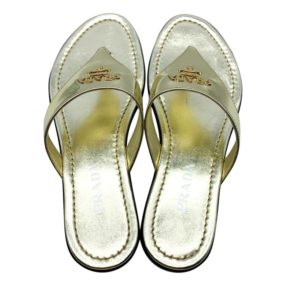 Prada Gold Logo Flip Flop Metallic Sandals 38.5