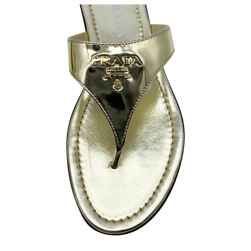 Prada Gold Logo Flip Flop Metallic Sandals 38.5