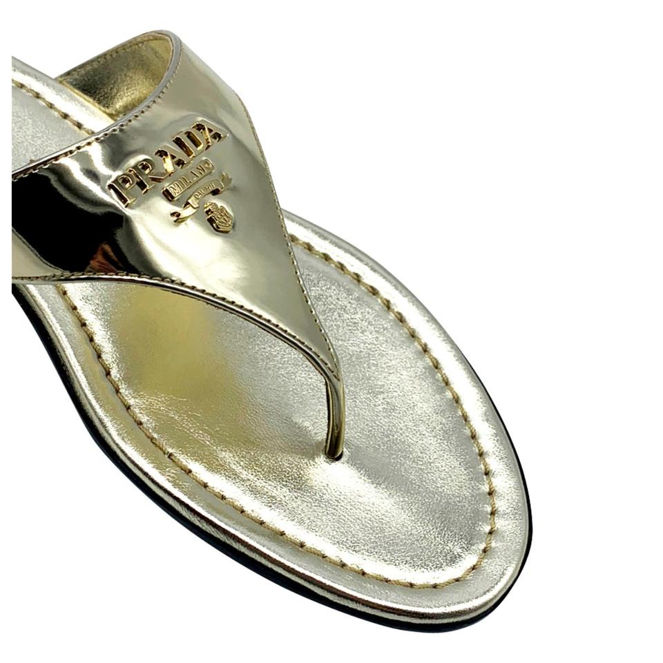 Prada Gold Logo Flip Flop Metallic Sandals 38.5