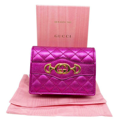 Gucci Pink Horsebit Marmont Trapuntata Flap Card Case Logo Icon Quilted Metallic