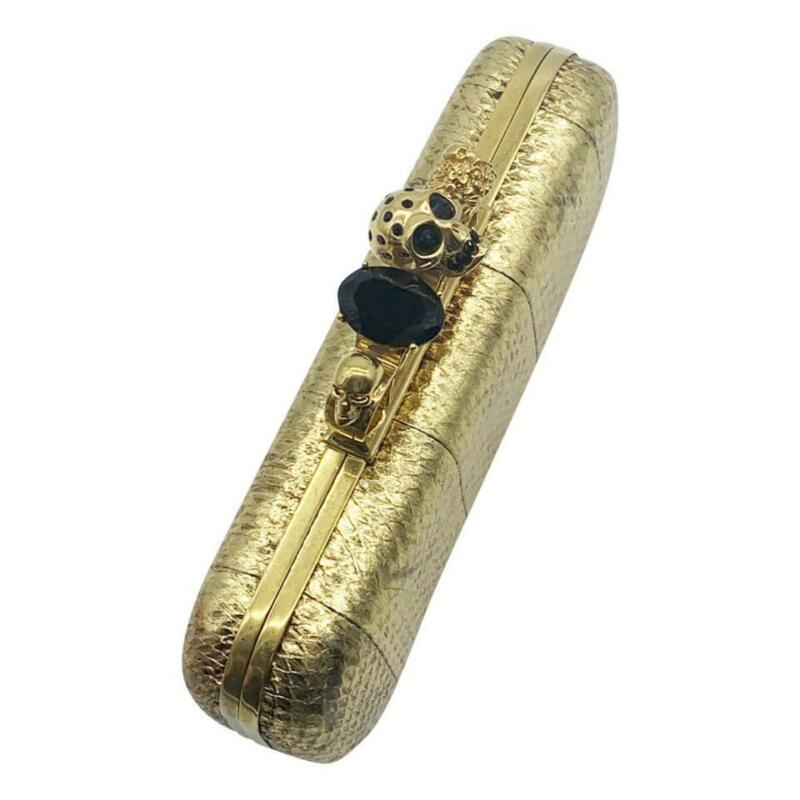 Alexander McQueen Knuckle Duster Metallic Skull Gold Snakeskin Leather Clutch