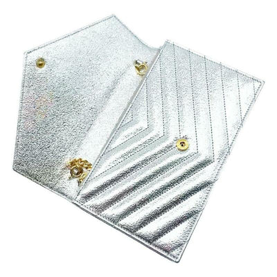 Saint Laurent Chain Wallet Small Envelop Metallic Monogram Silver Leather Cross
