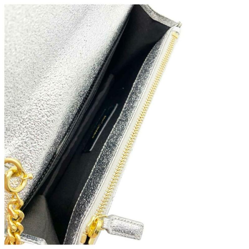 Saint Laurent Chain Wallet Small Envelop Metallic Monogram Silver Leather Cross