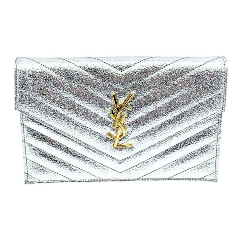 Saint Laurent Chain Wallet Small Envelop Metallic Monogram Silver Leather Cross