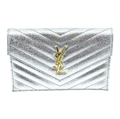 Saint Laurent Chain Wallet Small Envelop Metallic Monogram Silver Leather Cross