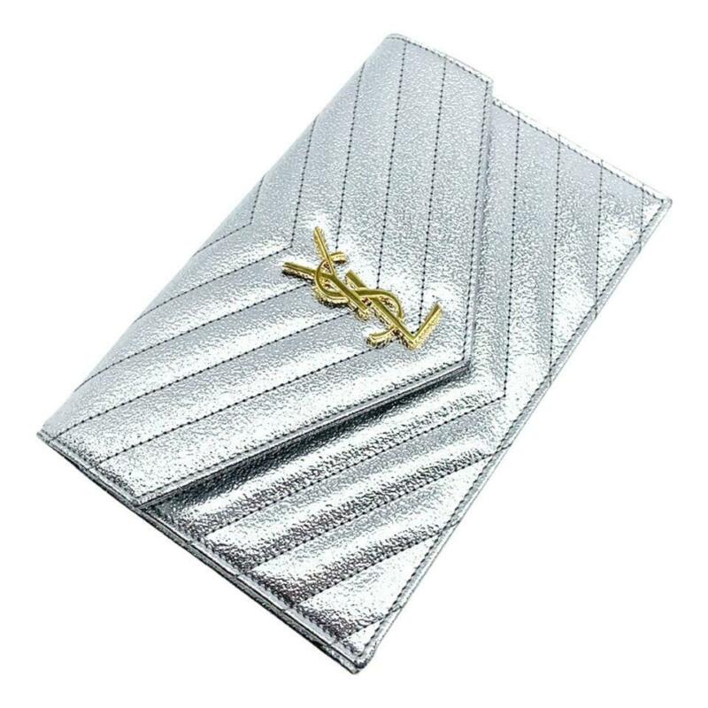 Saint Laurent Chain Wallet Small Envelop Metallic Monogram Silver Leather Cross