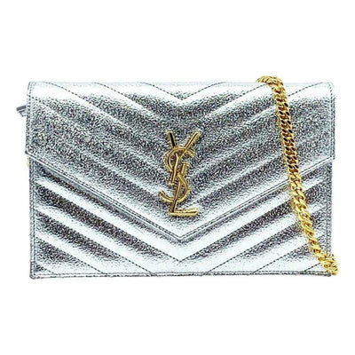 Saint Laurent Chain Wallet Small Envelop Metallic Monogram Silver Leather Cross
