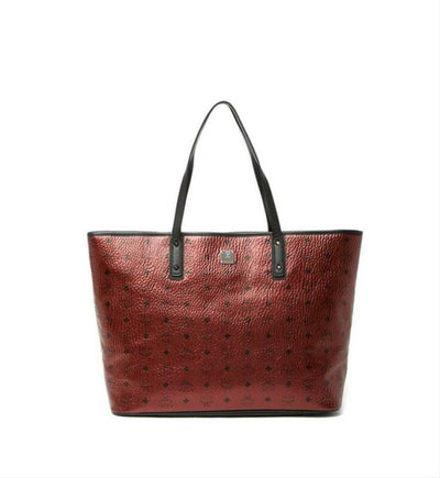 NEW MCM Top Zip Monogrammed Shopper Metallic Red Coated Canvas Tote $799