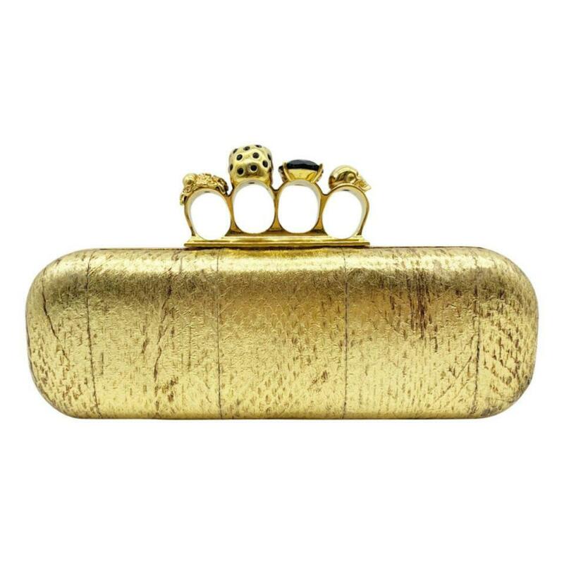 Alexander McQueen Knuckle Duster Metallic Skull Gold Snakeskin Leather Clutch