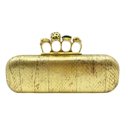 Alexander McQueen Knuckle Duster Metallic Skull Gold Snakeskin Leather Clutch