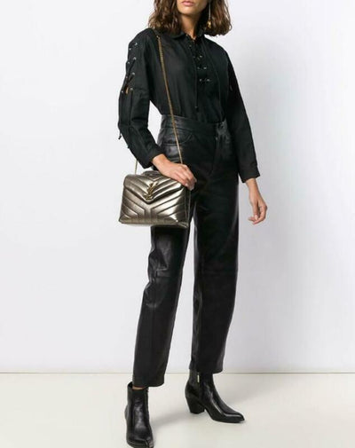 Saint Laurent Monogram Loulou Small Metallic Silver Leather Shoulder Bag