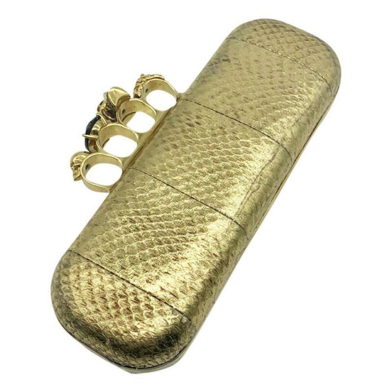 Alexander McQueen Knuckle Duster Metallic Skull Gold Snakeskin Leather Clutch