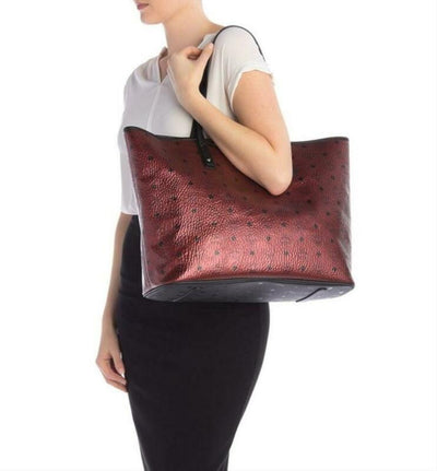 NEW MCM Top Zip Monogrammed Shopper Metallic Red Coated Canvas Tote $799