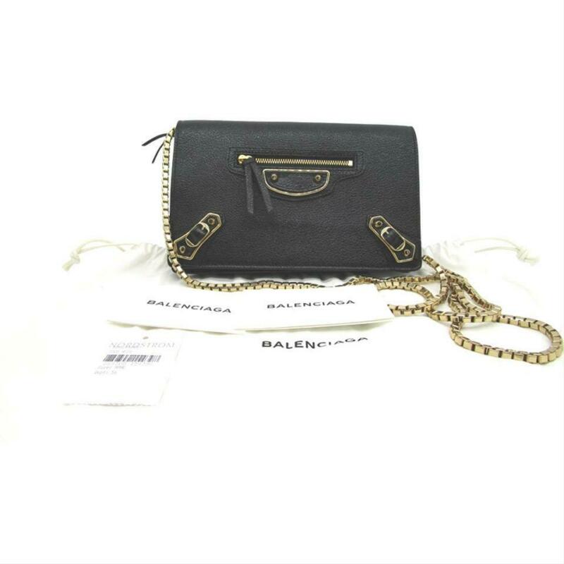 Balenciaga Metallic Edge Chain Gold Chain Wallet Black Leather Cross Body Bag