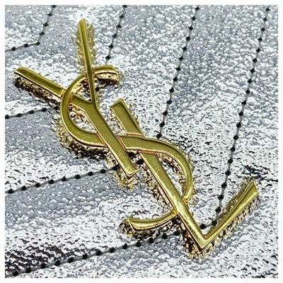 Saint Laurent Chain Wallet Small Envelop Metallic Monogram Silver Leather Cross