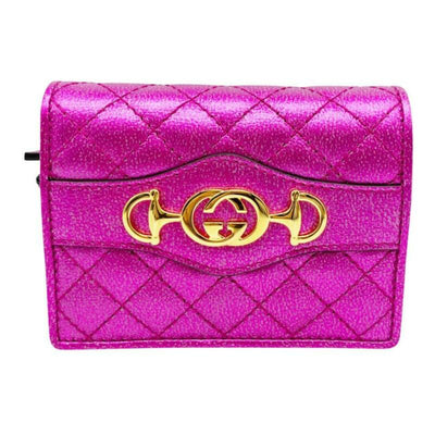 Gucci Pink Horsebit Marmont Trapuntata Flap Card Case Logo Icon Quilted Metallic