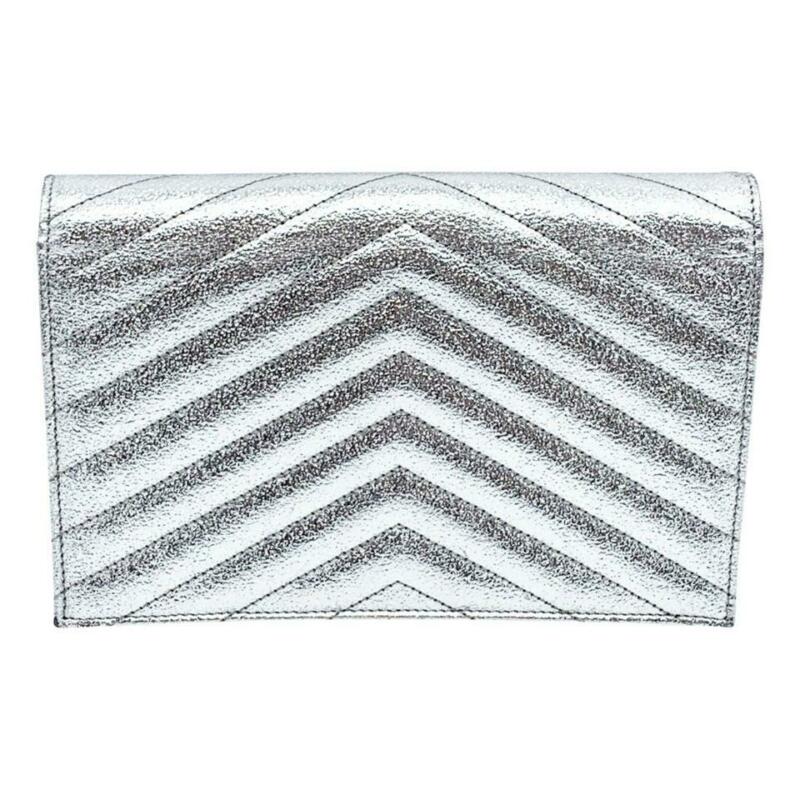 Saint Laurent Chain Wallet Small Envelop Metallic Monogram Silver Leather Cross