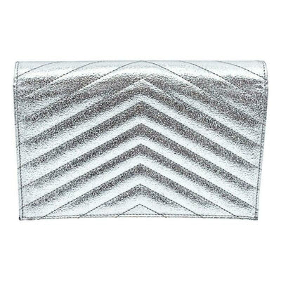 Saint Laurent Chain Wallet Small Envelop Metallic Monogram Silver Leather Cross