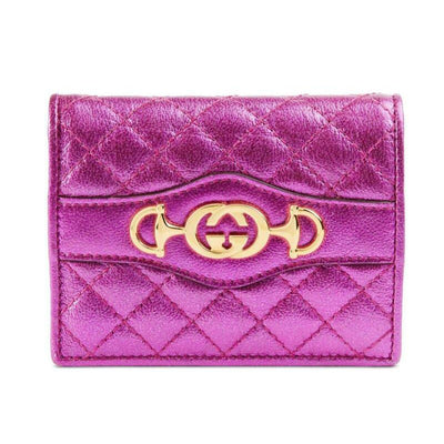 Gucci Pink Horsebit Marmont Trapuntata Flap Card Case Logo Icon Quilted Metallic