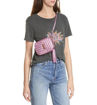 Saint Laurent Camera Monogram Loulou Belt Lou Metallic Calfskin with Tassel Pink Leather Messenger Bag