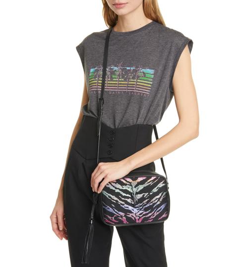 Saint Laurent Monogram Camera Lou Metallic Tiger Stripe Black Leather Cross Body Bag