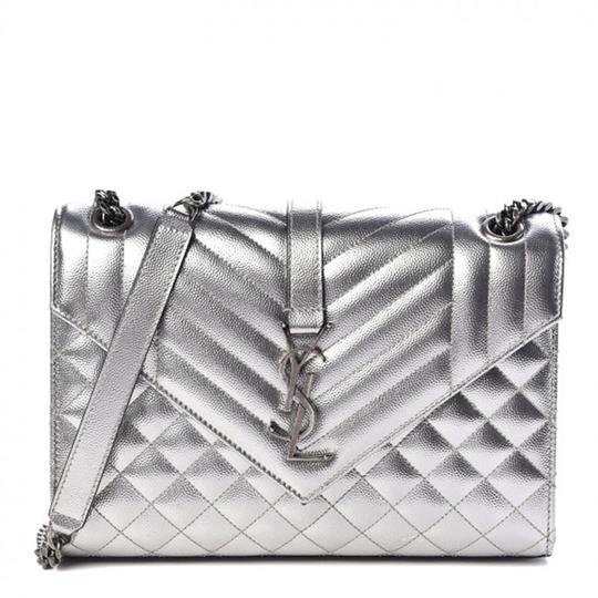 Saint Laurent Monogram Envelope Metallic Grain De Poudre Textured Mixed Matelasse Triquilt Silver Leather Shoulder Bag