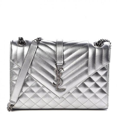 Saint Laurent Monogram Envelope Metallic Grain De Poudre Textured Mixed Matelasse Triquilt Silver Leather Shoulder Bag