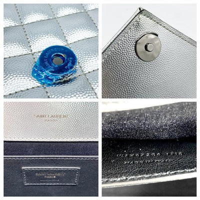 Saint Laurent Monogram Envelope Metallic Grain De Poudre Textured Mixed Matelasse Triquilt Silver Leather Shoulder Bag