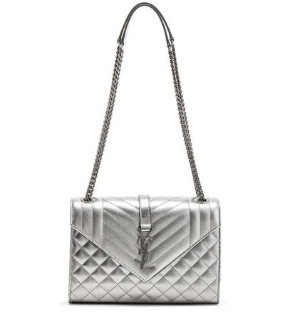 Saint Laurent Monogram Envelope Metallic Grain De Poudre Textured Mixed Matelasse Triquilt Silver Leather Shoulder Bag