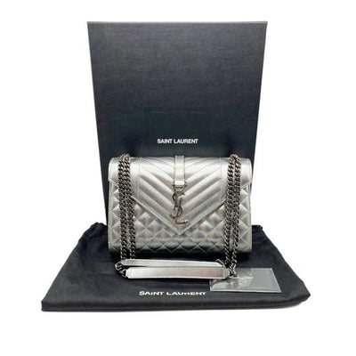 Saint Laurent Monogram Envelope Metallic Grain De Poudre Textured Mixed Matelasse Triquilt Silver Leather Shoulder Bag
