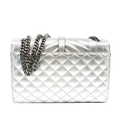 Saint Laurent Monogram Envelope Metallic Grain De Poudre Textured Mixed Matelasse Triquilt Silver Leather Shoulder Bag