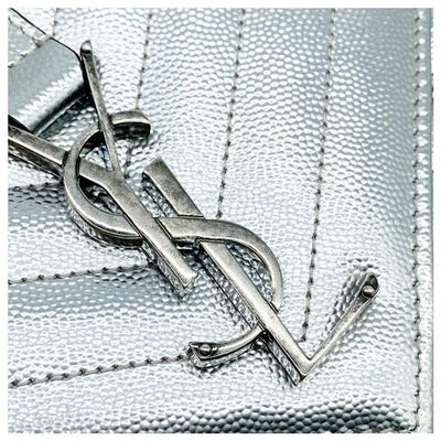 Saint Laurent Monogram Envelope Metallic Grain De Poudre Textured Mixed Matelasse Triquilt Silver Leather Shoulder Bag