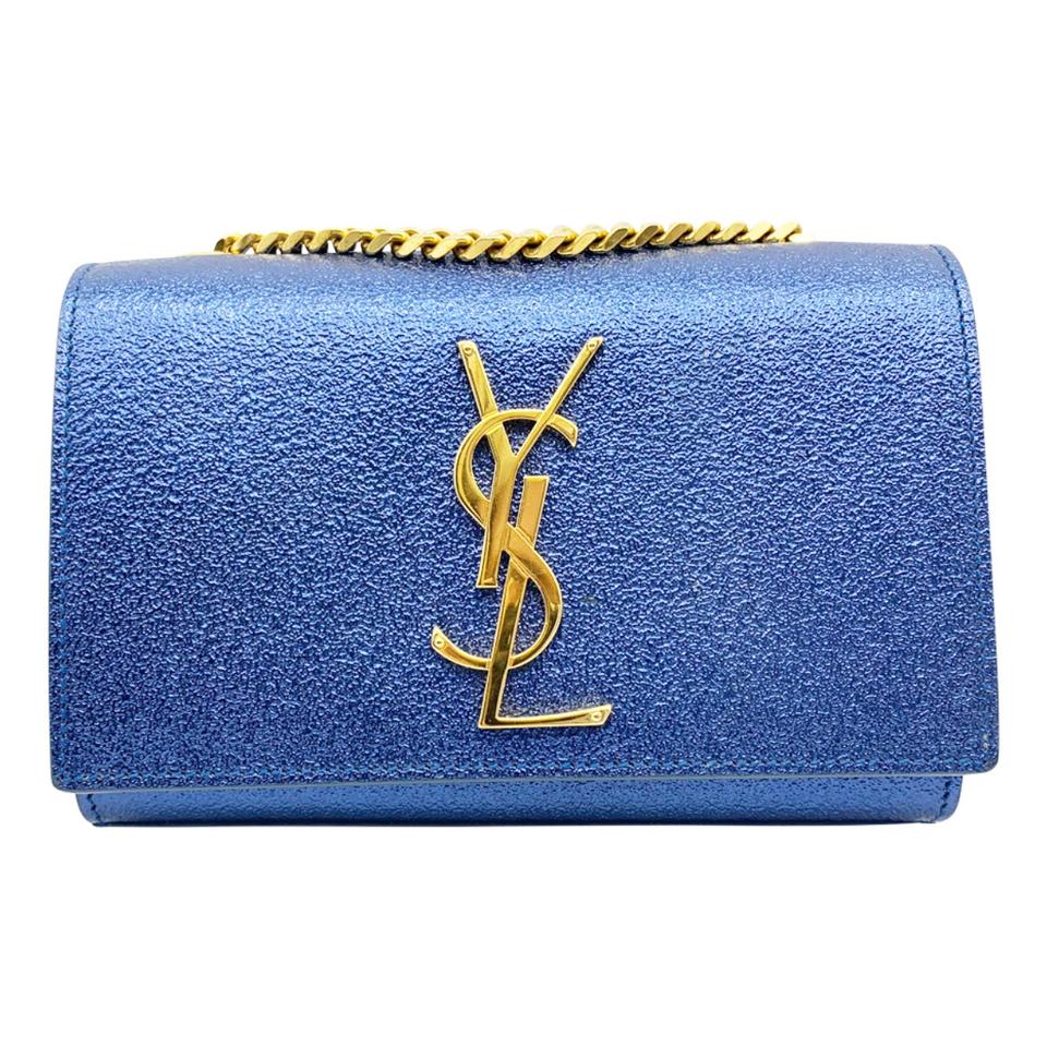 Saint Laurent Monogram Kate Metallic Textured Calfskin Small Classic Blue Leather Shoulder Bag