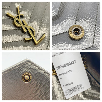 Saint Laurent Wallet on Chain Small Ysl Monogram V-flap Metallic Silver Leather Shoulder Bag