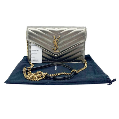 Saint Laurent Wallet on Chain Small Ysl Monogram V-flap Metallic Silver Leather Shoulder Bag