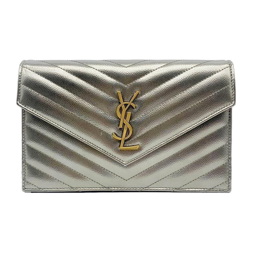 Saint Laurent Wallet on Chain Small Ysl Monogram V-flap Metallic Silver Leather Shoulder Bag