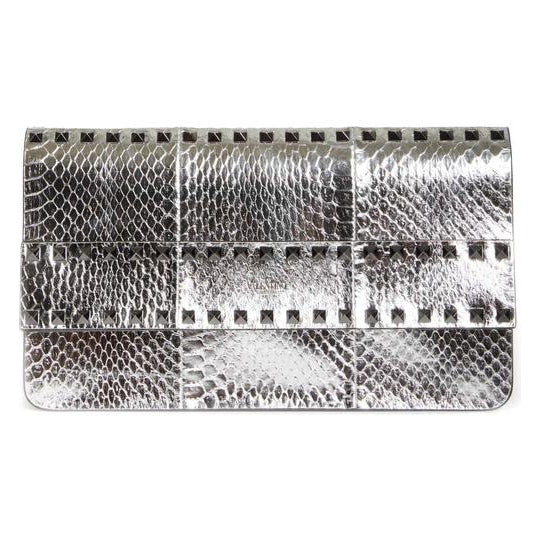 Valentino Clutch Rockstud Metallic Genuine Silver Snakeskin Leather Wristlet