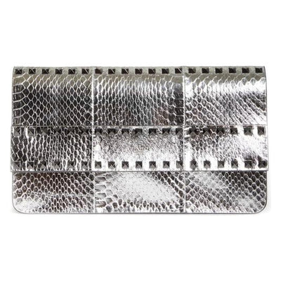 Valentino Clutch Rockstud Metallic Genuine Silver Snakeskin Leather Wristlet