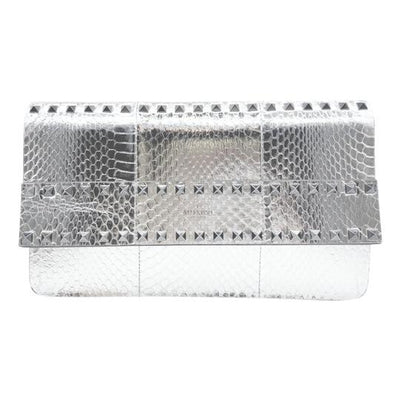Valentino Clutch Rockstud Metallic Genuine Silver Snakeskin Leather Wristlet