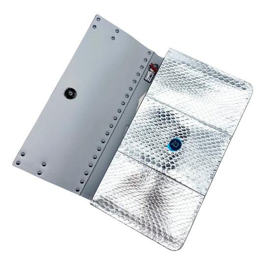 Valentino Clutch Rockstud Metallic Genuine Silver Snakeskin Leather Wristlet