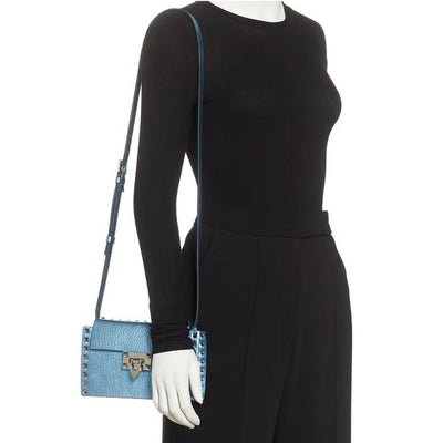 Valentino Small Rockstud Metallic Blue Leather Shoulder Bag