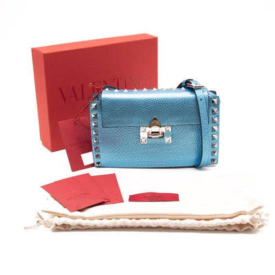 Valentino Small Rockstud Metallic Blue Leather Shoulder Bag