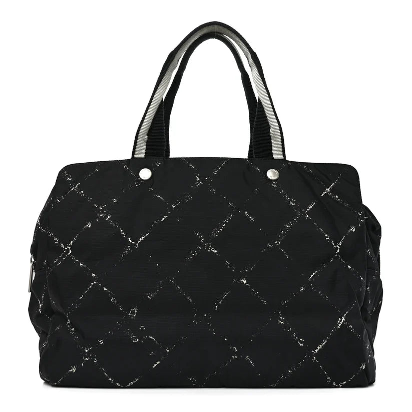 $1250 CHANEL Travel Line Nylon Grid Tote Bag Black CONSIGNMENT 10021347
