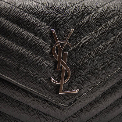 Saint Laurent Grain De Poudre Matelasse Chevron Monogram Chain Wallet Black