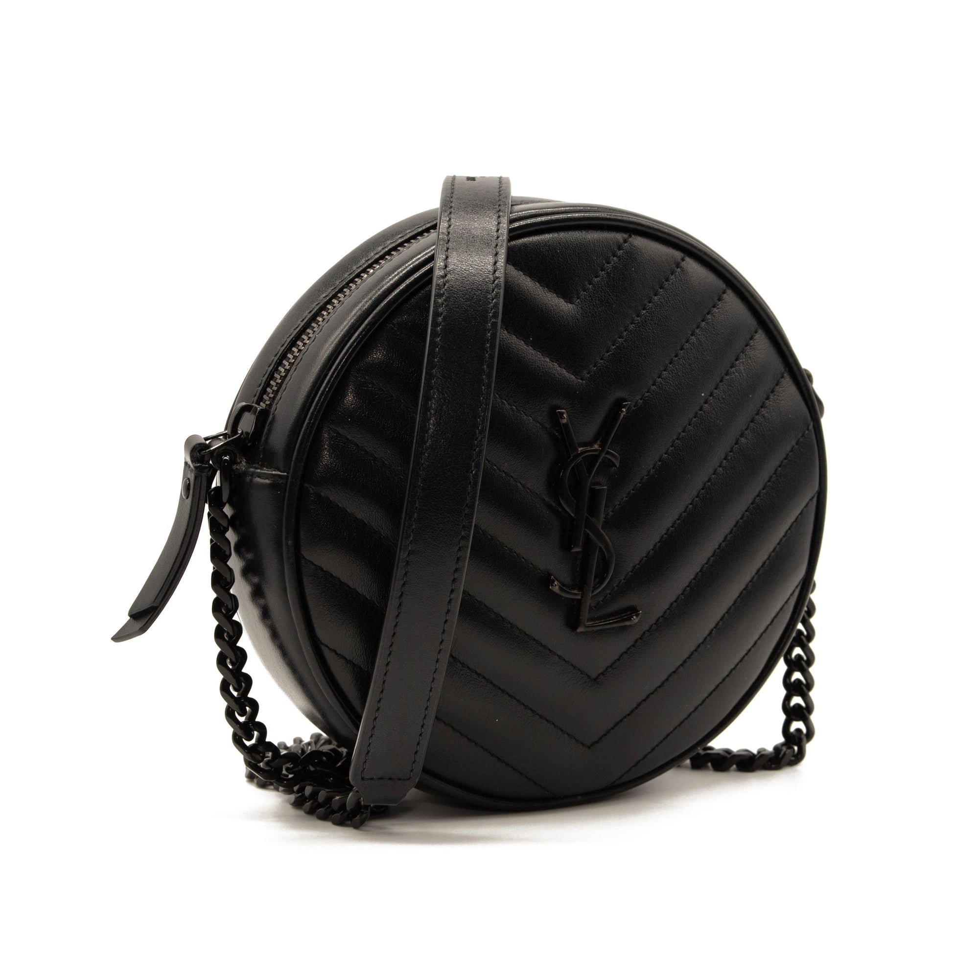 Saint Laurent Calfskin Matelasse Chevron Round Vinyle Camera Bag Black