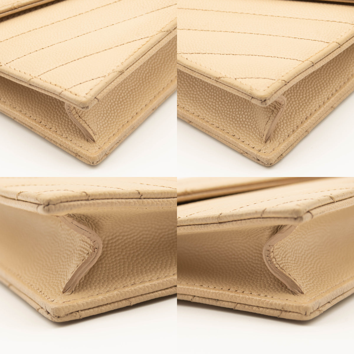 SAINT LAURENT Grain De Poudre Matelasse Chevron Monogram Envelope Chain Wallet Beige